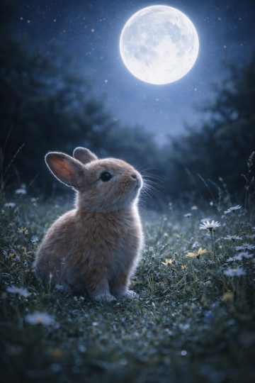Bunny Under Full Moon Meadow