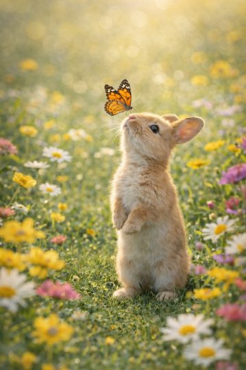 Bunny Watching Butterfly in Spring Meadow