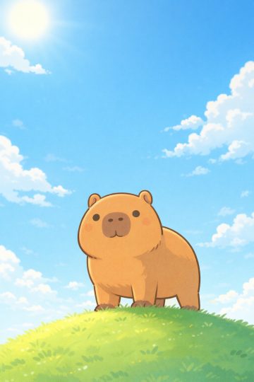 Capybara Standing on a Sunny Hill Under a Wide Blue Sky Wallpaper