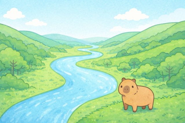 Capybara Standing Beside a Gentle River in a Green Valley Wallpaper