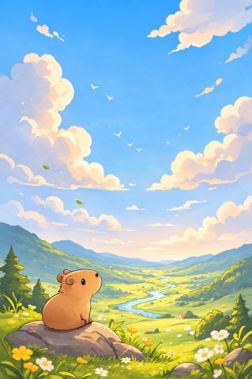 Capybara Overlooking a Wide River Valley Landscape Wallpaper