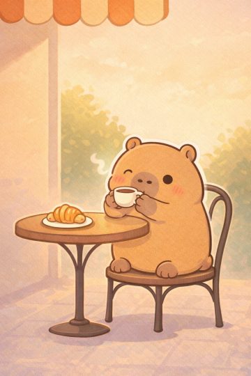 Cute Capybara Enjoying Croissant and Tea at a Café Wallpaper
