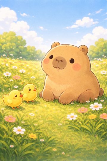 Adorable Capybara with Baby Chicks in Flower Meadow Wallpaper