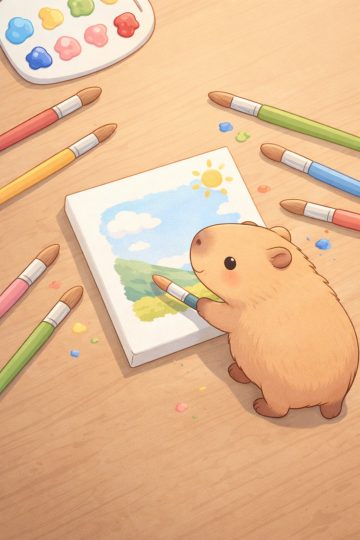 Capybara Artist Painting a Small Landscape Illustration Wallpaper