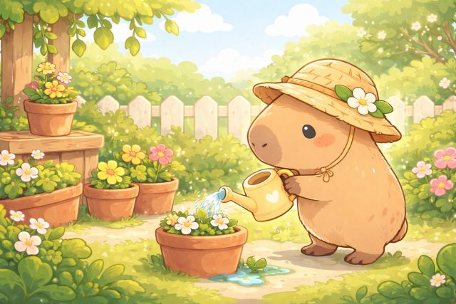 Capybara Gardening Among Flower Pots in a Sunny Backyard Wallpaper