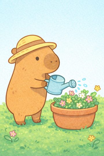 Capybara Gardener Watering Flowers in a Small Garden Wallpaper