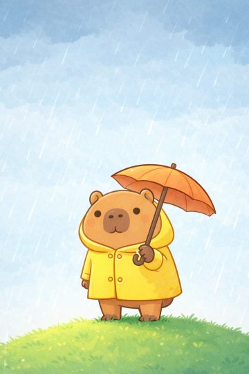 Capybara in Yellow Raincoat Holding an Umbrella Wallpaper
