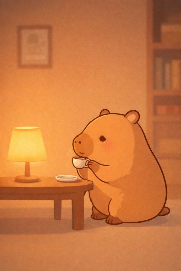 Capybara Sitting by a Warm Lamp with Tea in a Cozy Room Wallpaper