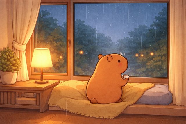 Capybara Watching Rain by a Window in a Cozy Bedroom Wallpaper