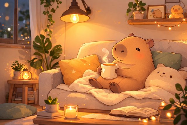 Capybara Relaxing on a Sofa with a Warm Drink Wallpaper