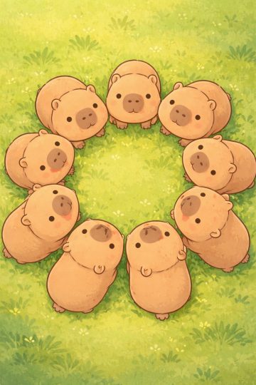 Circle of Cute Capybaras on a Green Meadow Wallpaper