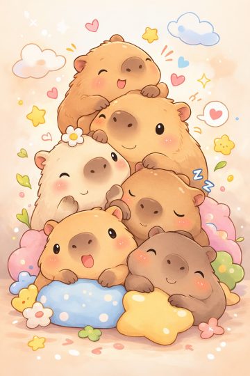 Pile of Happy Capybaras Hugging Together Wallpaper