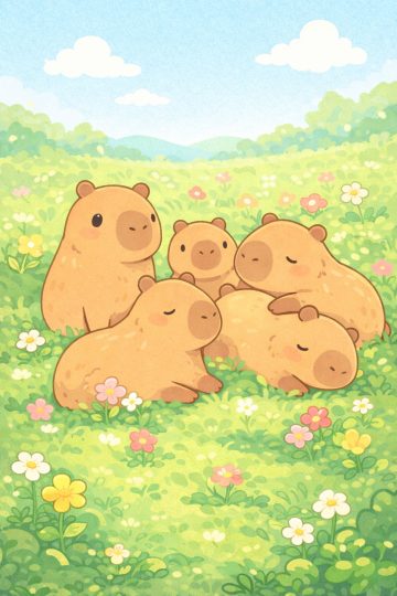 Group of Capybaras Resting in a Flower Meadow Wallpaper