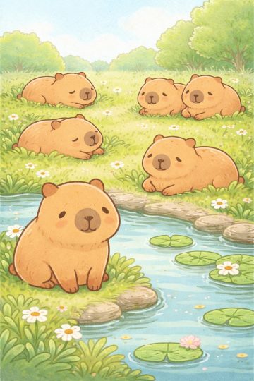 Capybara Group Gathering by a Garden Pond Wallpaper