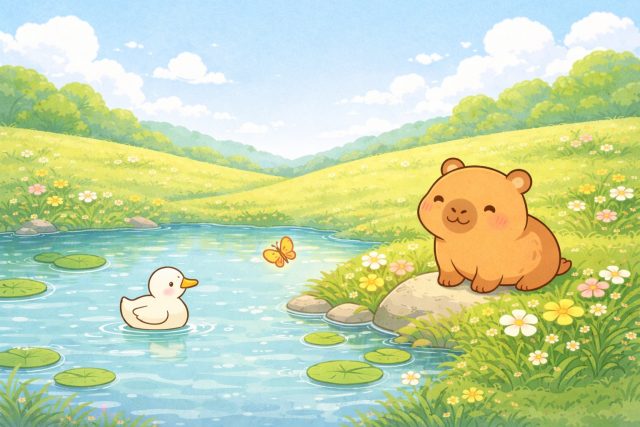 Happy Capybara and Duck Watching a Butterfly by the Pond Wallpaper