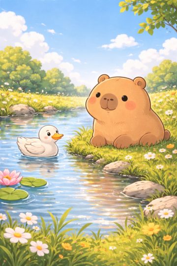 Cute Capybara and Duck by a Spring Pond Wallpaper