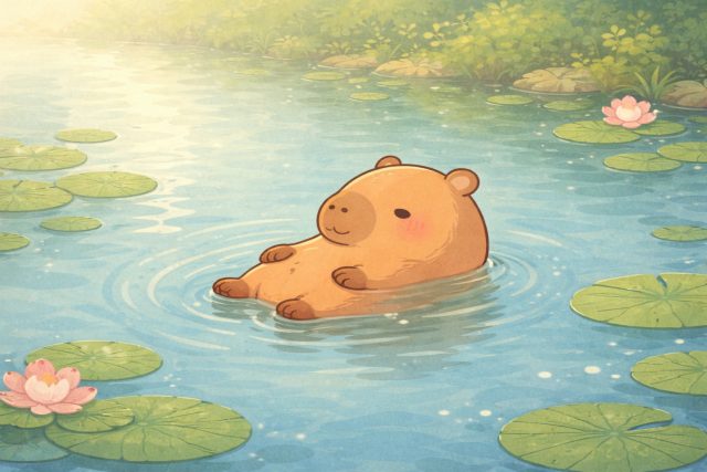 Cute Capybara Floating in a Calm Lily Pond