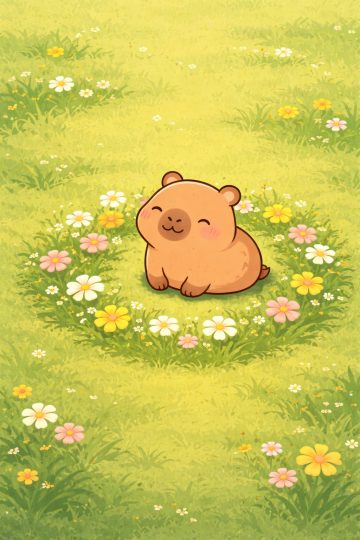 Happy Capybara Resting in a Flower Field Wallpaper
