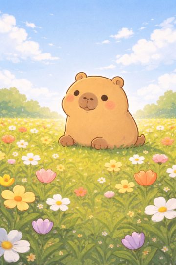 Cute Capybara Sitting in a Spring Flower Meadow Wallpaper