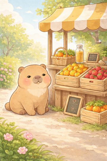Adorable Capybara Visiting a Fruit Market Stall Wallpaper