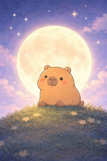 Cute Capybara Sitting Under a Giant Full Moon