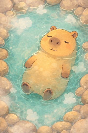 Relaxing Capybara Floating in a Warm Hot Spring