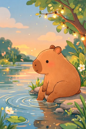 Cute Capybara Sitting by a Peaceful Lake at Sunset