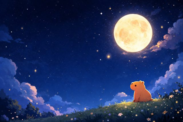 Capybara Watching the Moon on a Quiet Night Hill