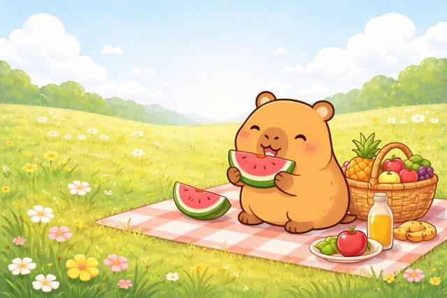 Happy Capybara Eating Watermelon at a Meadow Picnic Wallpaper