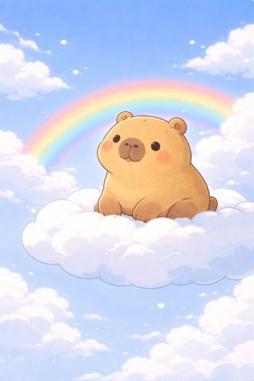 Cute Capybara Sitting on a Cloud with a Rainbow