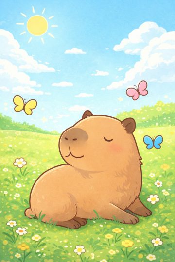 Capybara Relaxing in a Sunny Spring Meadow Wallpaper