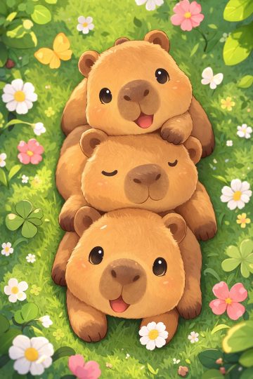 Cute Capybara Stack in Spring Flower Meadow Wallpaper