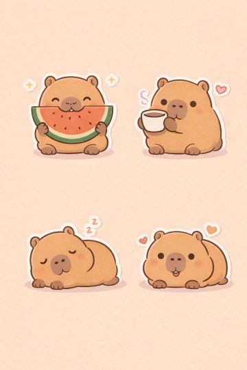 Cute Capybara Sticker Set Eating Watermelon and Drinking Coffee