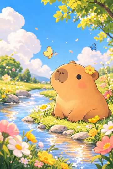 Capybara Watching Butterflies by a Spring Stream Wallpaper