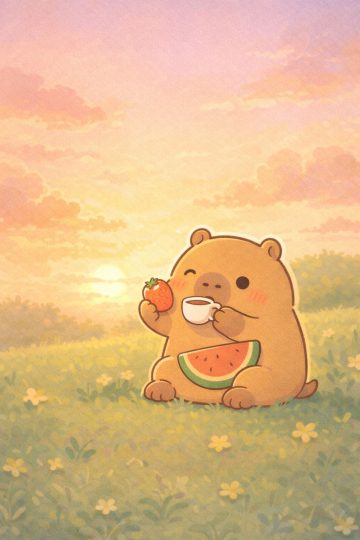 Capybara Enjoying Strawberry and Watermelon at Sunset Wallpaper