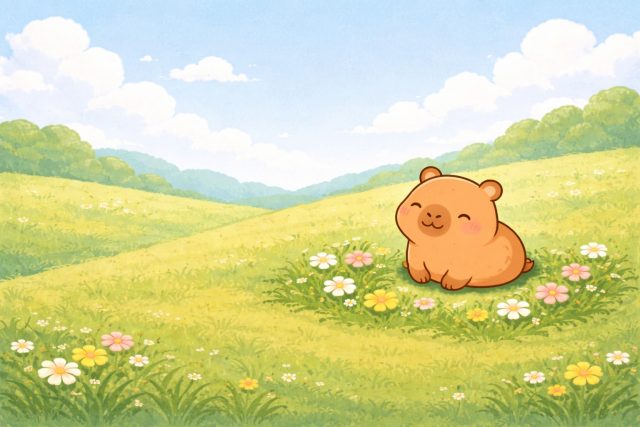 Small Capybara in a Wide Meadow Landscape Wallpaper