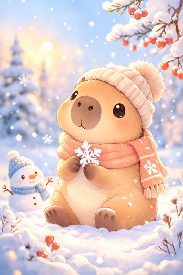 Cozy Winter Capybara with Snowflake and Snowman Wallpaper