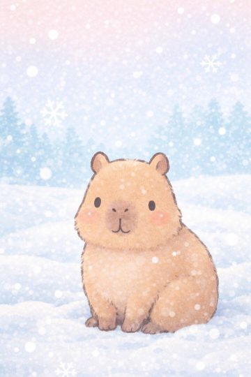 Cute Capybara Sitting in Gentle Winter Snowfall Wallpaper
