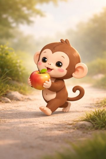 Cartoon Monkey Apple Walk Wallpaper