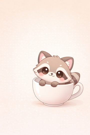 Cute Cartoon Raccoon Sitting in Cup Cozy Wallpaper