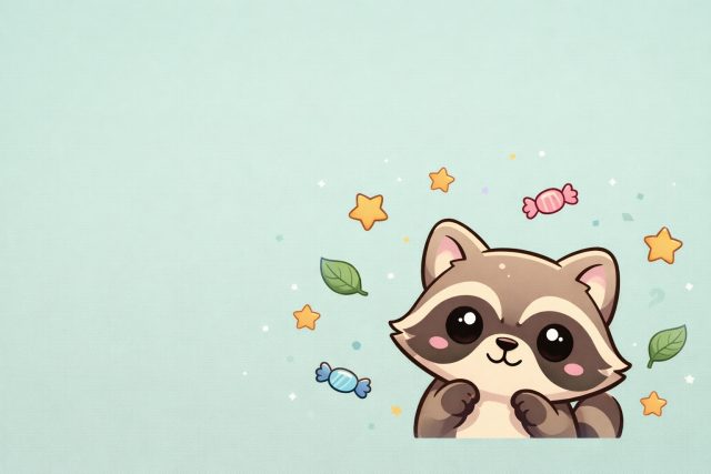 Cute Cartoon Raccoon Face with Stars and Candy Wallpaper
