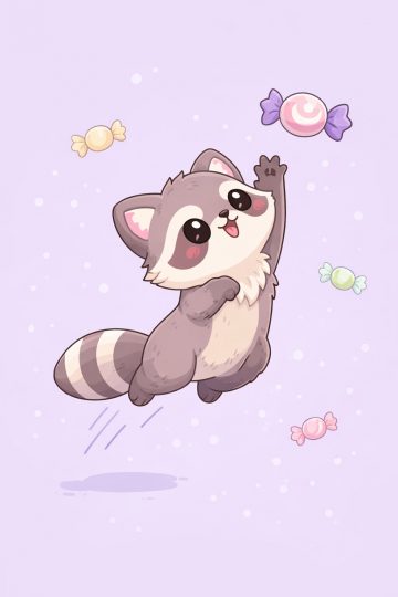 Cute Cartoon Raccoon Jumping for Candy Kawaii Wallpaper