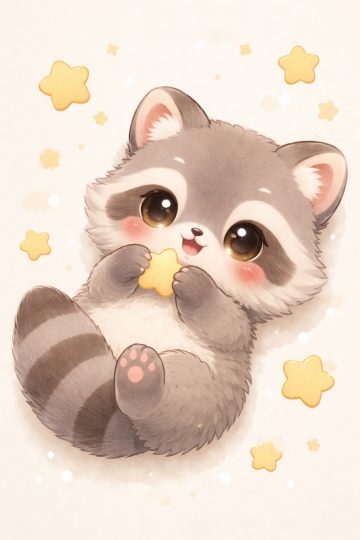 Cute Cartoon Raccoon Holding Star Kawaii Wallpaper