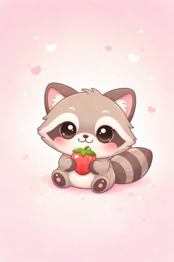 Cute Cartoon Raccoon Holding Strawberry Pink Hearts Wallpaper