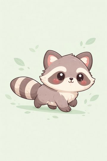 Cute Cartoon Raccoon Walking Minimal Green Leaves Wallpaper