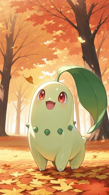 Chikorita Walking Through an Autumn Forest Wallpaper
