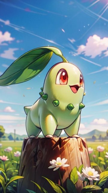 Chikorita in a Peaceful Flower Meadow Wallpaper