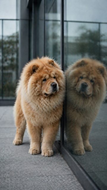 Chow Chow with Glass Reflection in Urban Setting Wallpaper