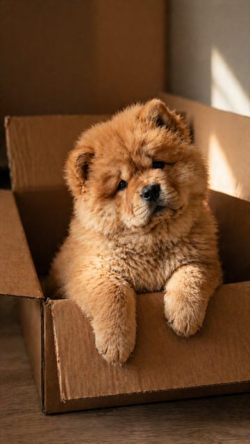 Chow Chow Puppy Sitting in Cardboard Box Wallpaper
