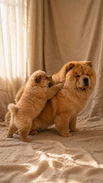 Chow Chow Puppy Climbing on Adult Dog Wallpaper